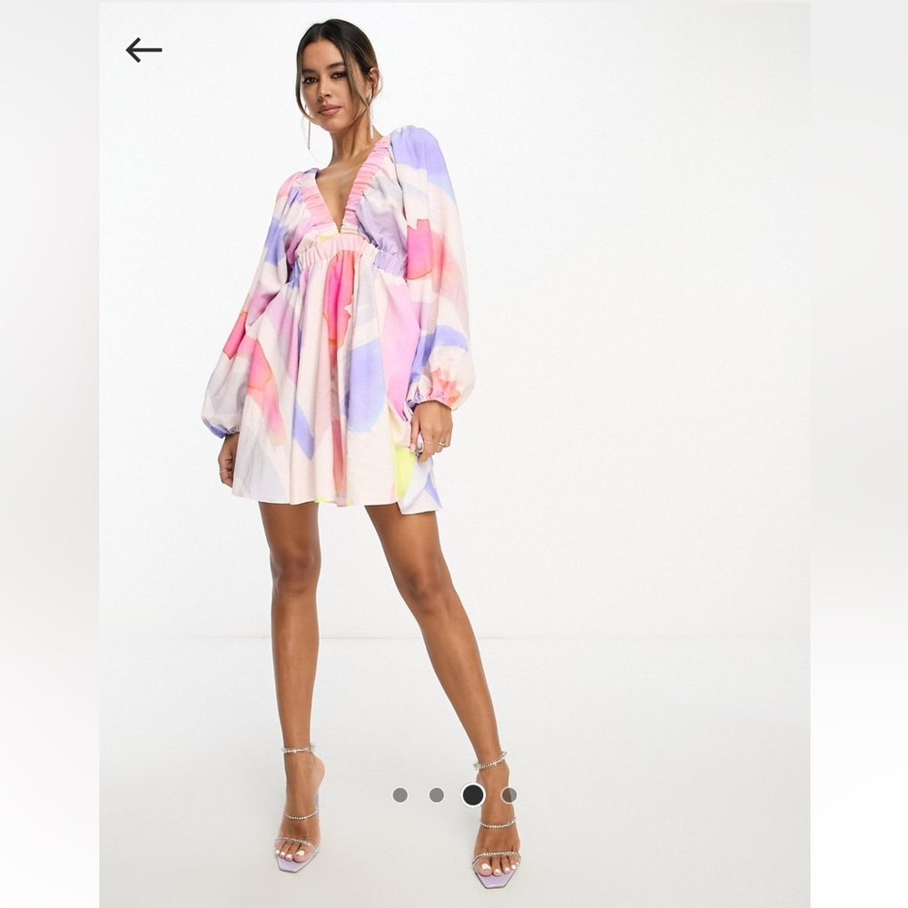 ASOS Structured batwing balloon sleeve mini dress watercolor abstract print 4 - Picture 9 of 10